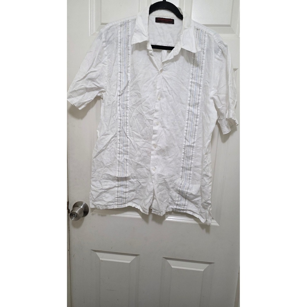 Richard Malcolm Irish Linen Guayabera Shirt Mens L White Embroidered Vacations